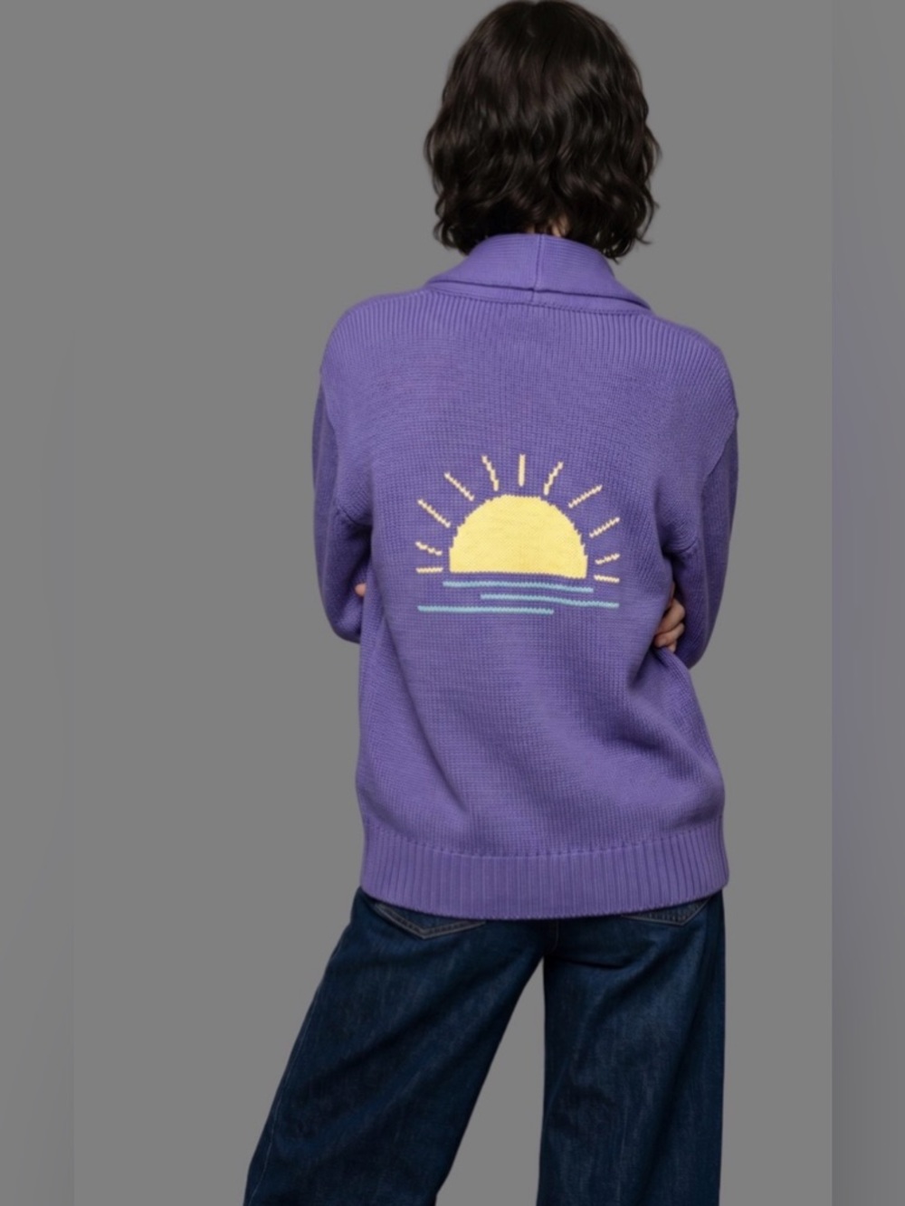 Candace Cameron Bure Purple‎ Embroidered Sun Wave Knit Open Front Cardigan XS